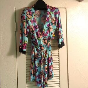 M Joe Boxer Floral Lace Hem Belted Light Short Bathrobe Cotton/Modal NWT